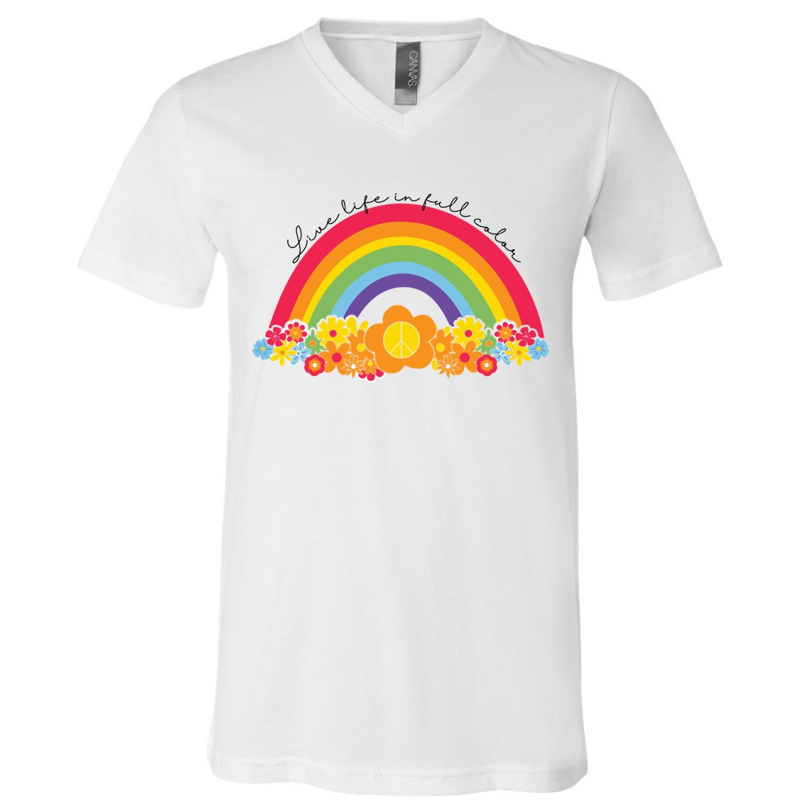 Live Life In Full Color Rainbow Peace Floral V-Neck T-Shirt