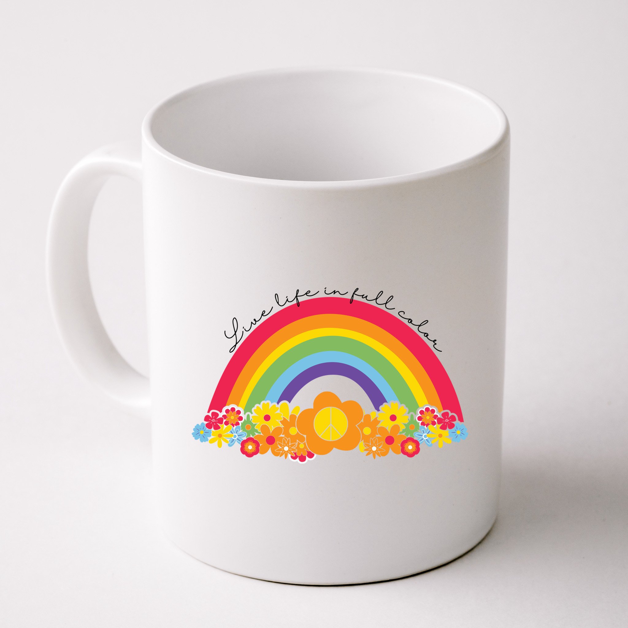Live Life In Full Color Rainbow Peace Floral Mug