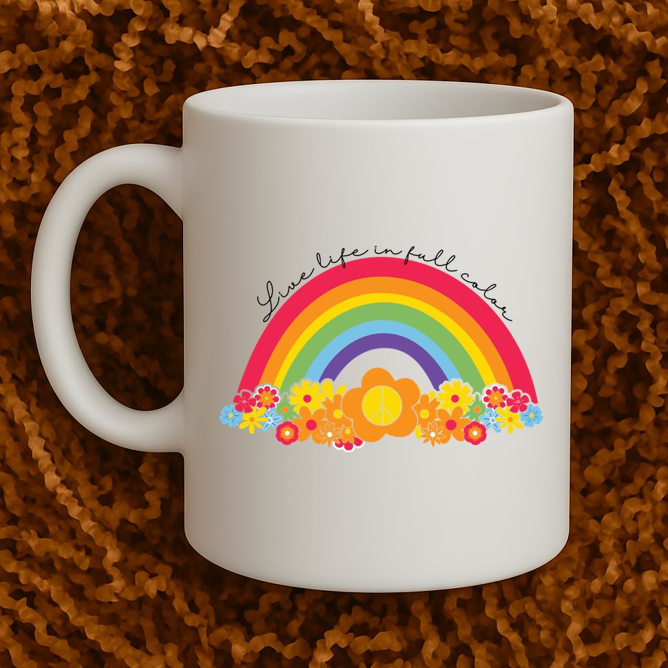 Live Life In Full Color Rainbow Peace Floral Mug