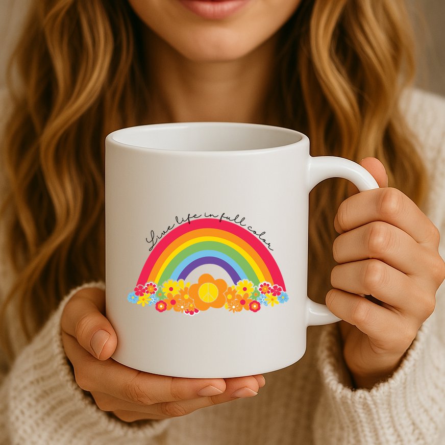 Live Life In Full Color Rainbow Peace Floral Mug