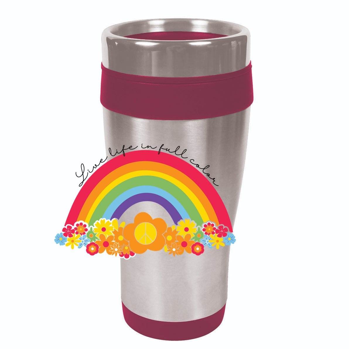 Live Life In Full Color Rainbow Peace Floral 12oz Stainless Steel Coffee Mug
