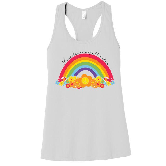 Live Life In Full Color Rainbow Peace Floral Women's Racerback Tank