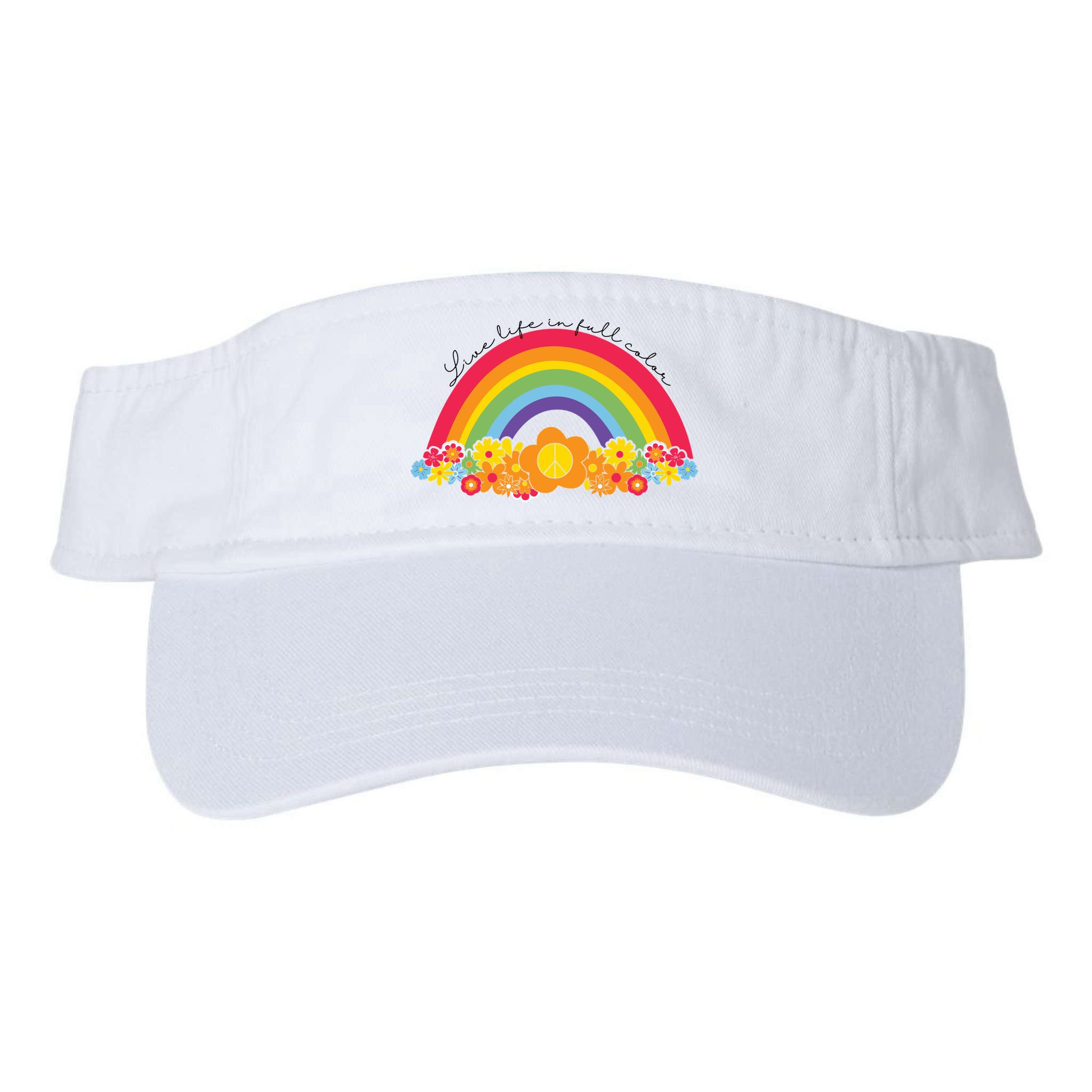 Live Life In Full Color Rainbow Peace Floral Visor