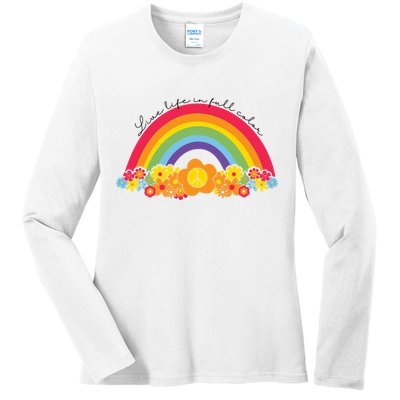 Live Life In Full Color Rainbow Peace Floral Ladies Long Sleeve Shirt