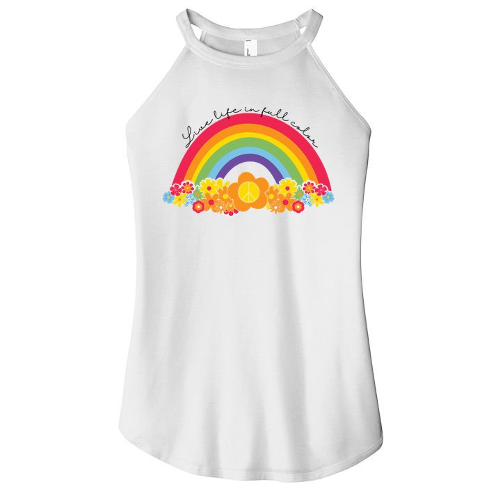 Live Life In Full Color Rainbow Peace Floral Women's Perfect Tri Rocker Tank
