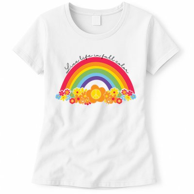 Live Life In Full Color Rainbow Peace Floral Womens T-Shirt