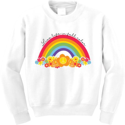 Live Life In Full Color Rainbow Peace Floral Kids Sweatshirt