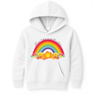 Live Life In Full Color Rainbow Peace Floral Kids Hoodie