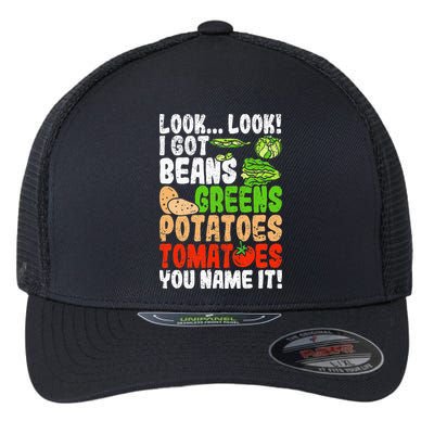Look Look I Got Beans Greens Potatoes Tomatoes You Name It Flexfit Unipanel Trucker Cap