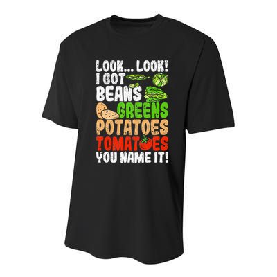 Look Look I Got Beans Greens Potatoes Tomatoes You Name It Youth Performance Sprint T-Shirt