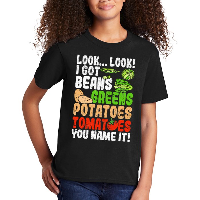 Look Look I Got Beans Greens Potatoes Tomatoes You Name It Kids T-Shirt