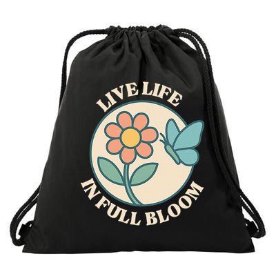 Live Life In Full Bloom With Flower And Butterfly  Drawstring Bag
