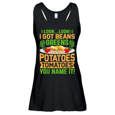 Look Look I Got Beans Greens Potatoes Tomatoes You Name It Ladies Essential Flowy Tank