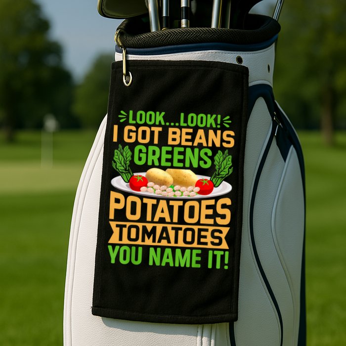 Look Look I Got Beans Greens Potatoes Tomatoes You Name It Golf Towel