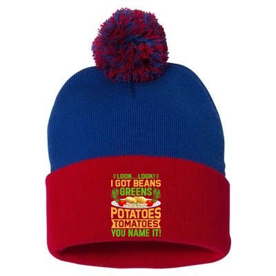 Look Look I Got Beans Greens Potatoes Tomatoes You Name It Pom Pom 12in Knit Beanie