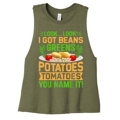 Look Look I Got Beans Greens Potatoes Tomatoes You Name It Women's Racerback Cropped Tank