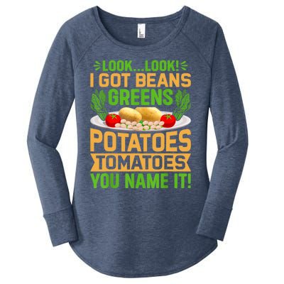 Look Look I Got Beans Greens Potatoes Tomatoes You Name It Women's Perfect Tri Tunic Long Sleeve Shirt