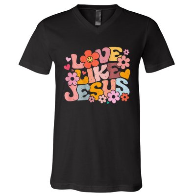 Love Like Jesus Christian Bible Verse Trendy Floral Heart V-Neck T-Shirt