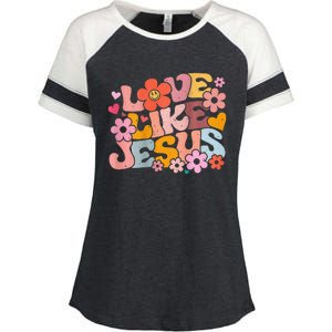 Love Like Jesus Christian Bible Verse Trendy Floral Heart Enza Ladies Jersey Colorblock Tee