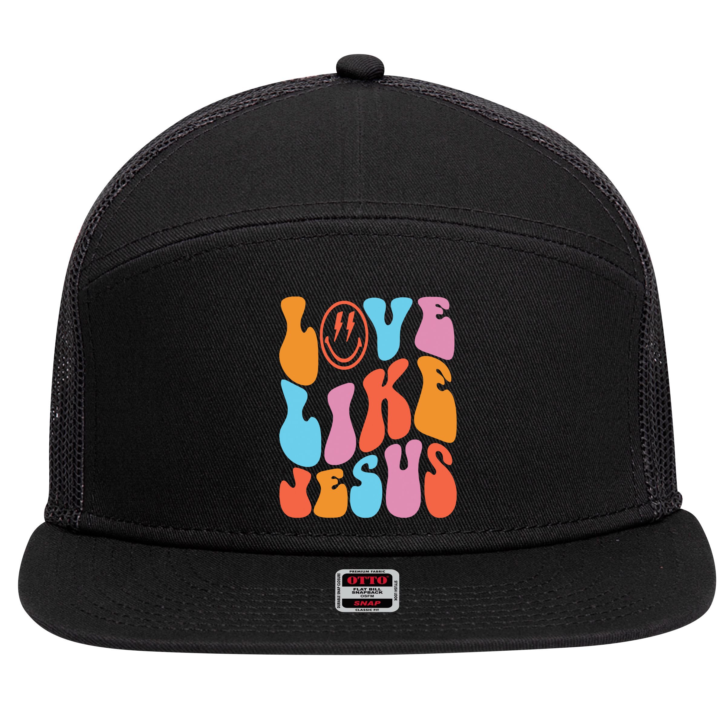 Love Like Jesus Smiley Face Aesthetic Funny Christian 7 Panel Mesh Trucker Snapback Hat