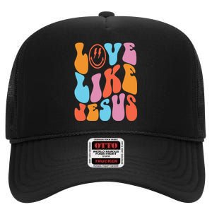 Love Like Jesus Smiley Face Aesthetic Funny Christian High Crown Mesh Back Trucker Hat