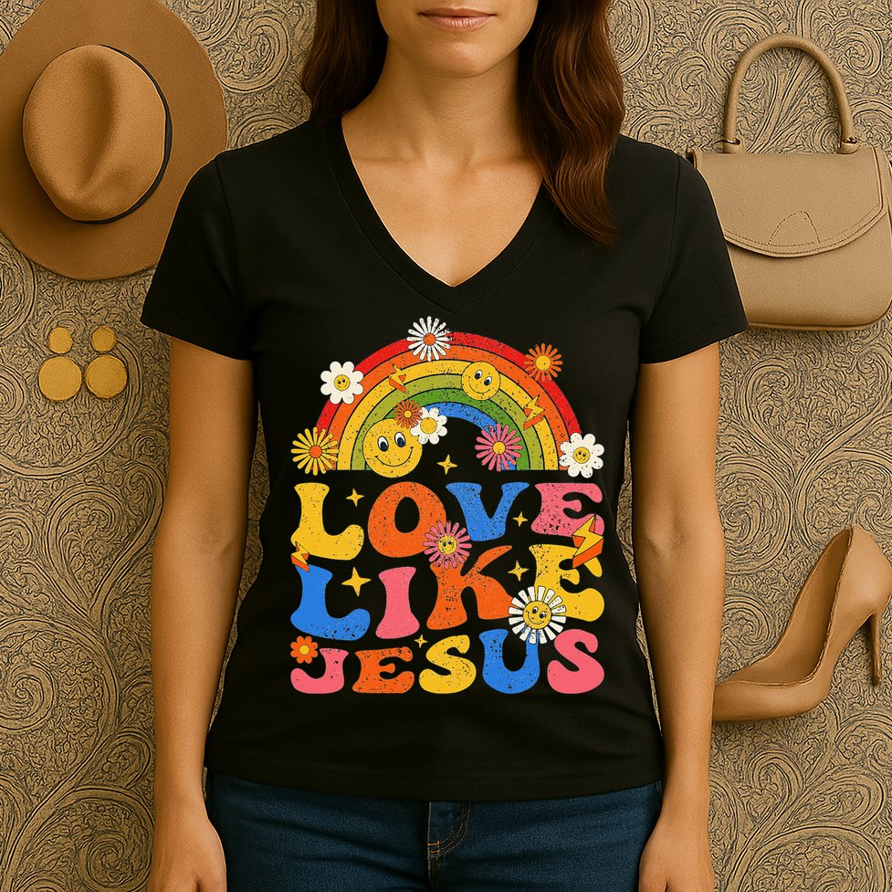Love Like Jesus Positive Catholic Preppy Retro Christian Women's V-Neck T-Shirt