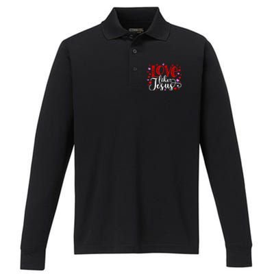 Love Like Jesus Valentines Day Hearts Performance Long Sleeve Polo