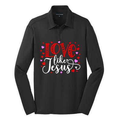 Love Like Jesus Valentines Day Hearts Silk Touch Performance Long Sleeve Polo