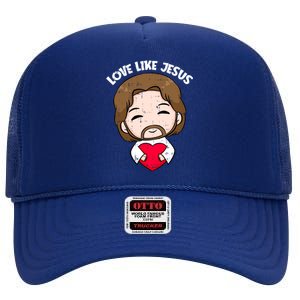 Love Like Jesus Valentines Day Christ Heart Christian Cute Gift High Crown Mesh Back Trucker Hat