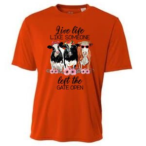 Live Life Like Someone Left The Gate Open Heifer Cow Cooling Performance Crew T-Shirt