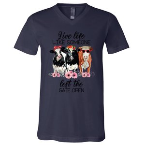 Live Life Like Someone Left The Gate Open Heifer Cow V-Neck T-Shirt