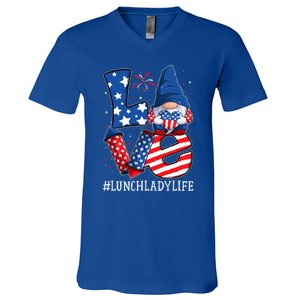 Lunch Lady Love 4th Of July Gnome Usa Patriotic Cool Gift V-Neck T-Shirt