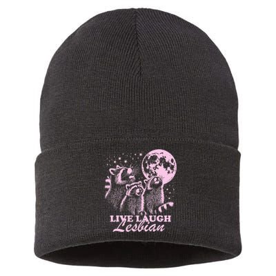 Live Laugh Lesbian Funny Raccoon Lesbian Lgbtq Sustainable Knit Beanie