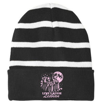 Live Laugh Lesbian Funny Raccoon Lesbian Lgbtq Striped Beanie with Solid Band