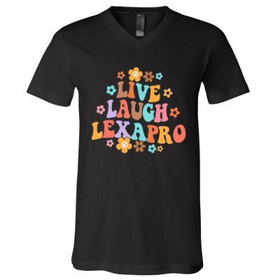 Live Laugh Lexapro Groovy Mental Health Therapist Anxiety V-Neck T-Shirt