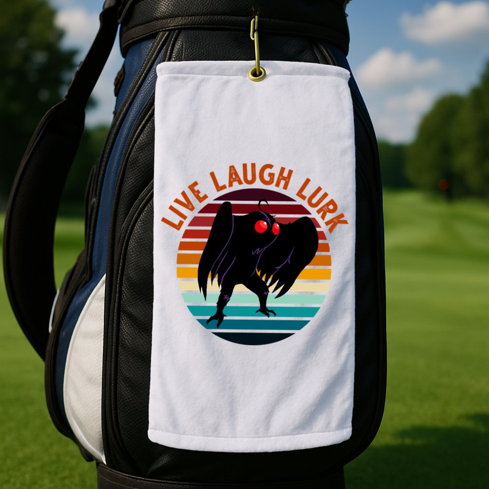 Live Laugh Lurk Mothman Retro Sunset Golf Towel