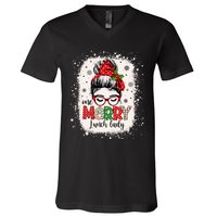 Lunch Lady Messy Bun Chef Christmas School Cafeteria Worker V-Neck T-Shirt