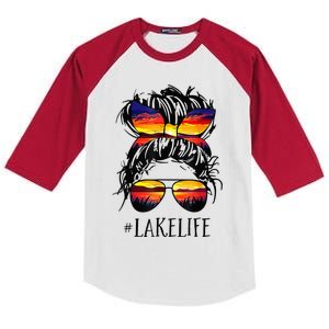 Lake Life Messy Bun Hair Girl Retro Lake Summer Kids Colorblock Raglan Jersey