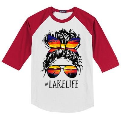 Lake Life Messy Bun Hair Girl Retro Lake Summer Kids Colorblock Raglan Jersey