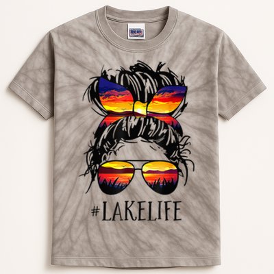 Lake Life Messy Bun Hair Girl Retro Lake Summer Kids Tie-Dye T-Shirt