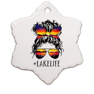 Lake Life Messy Bun Hair Girl Retro Lake Summer Ceramic Star Ornament