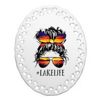 Lake Life Messy Bun Hair Girl Retro Lake Summer Ceramic Oval Ornament