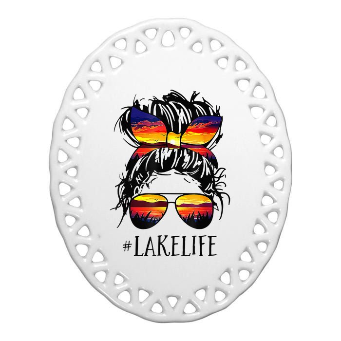 Lake Life Messy Bun Hair Girl Retro Lake Summer Ceramic Oval Ornament