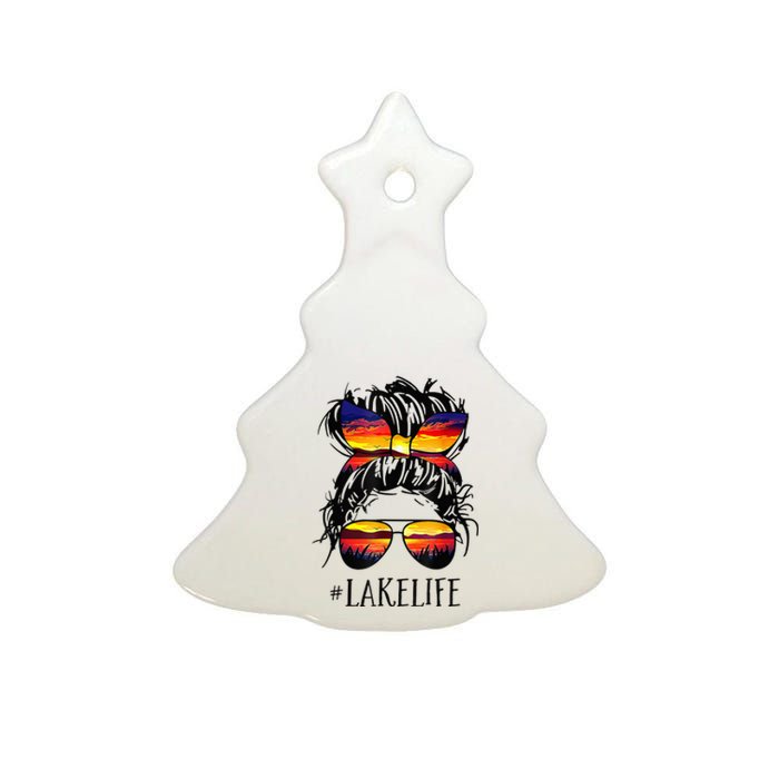 Lake Life Messy Bun Hair Girl Retro Lake Summer Ceramic Tree Ornament