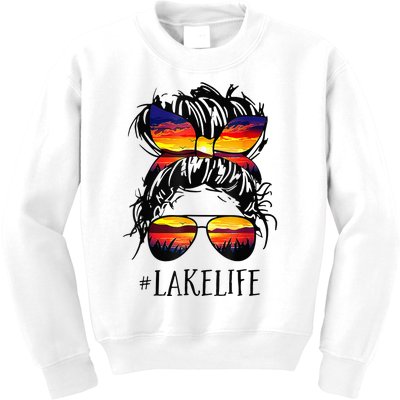 Lake Life Messy Bun Hair Girl Retro Lake Summer Kids Sweatshirt