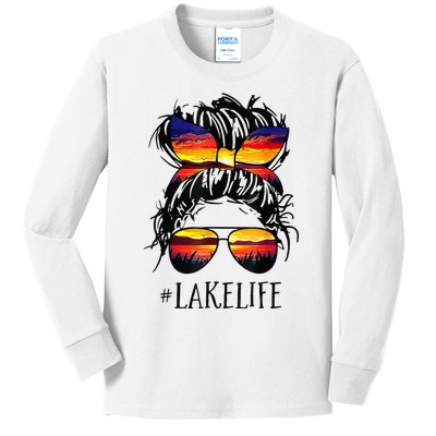 Lake Life Messy Bun Hair Girl Retro Lake Summer Kids Long Sleeve Shirt