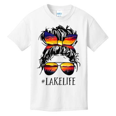 Lake Life Messy Bun Hair Girl Retro Lake Summer Kids T-Shirt