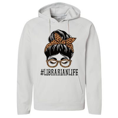 Librarian Leopard Messy Bun  Back To School Performance Fleece Hoodie