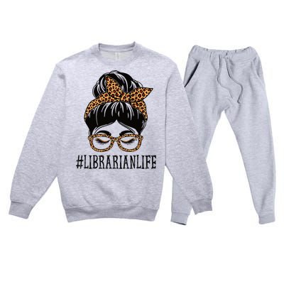 Librarian Leopard Messy Bun  Back To School Premium Crewneck Sweatsuit Set