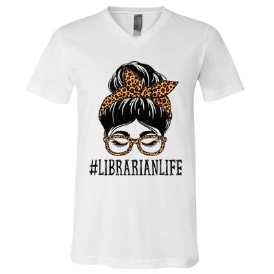 Librarian Leopard Messy Bun  Back To School V-Neck T-Shirt